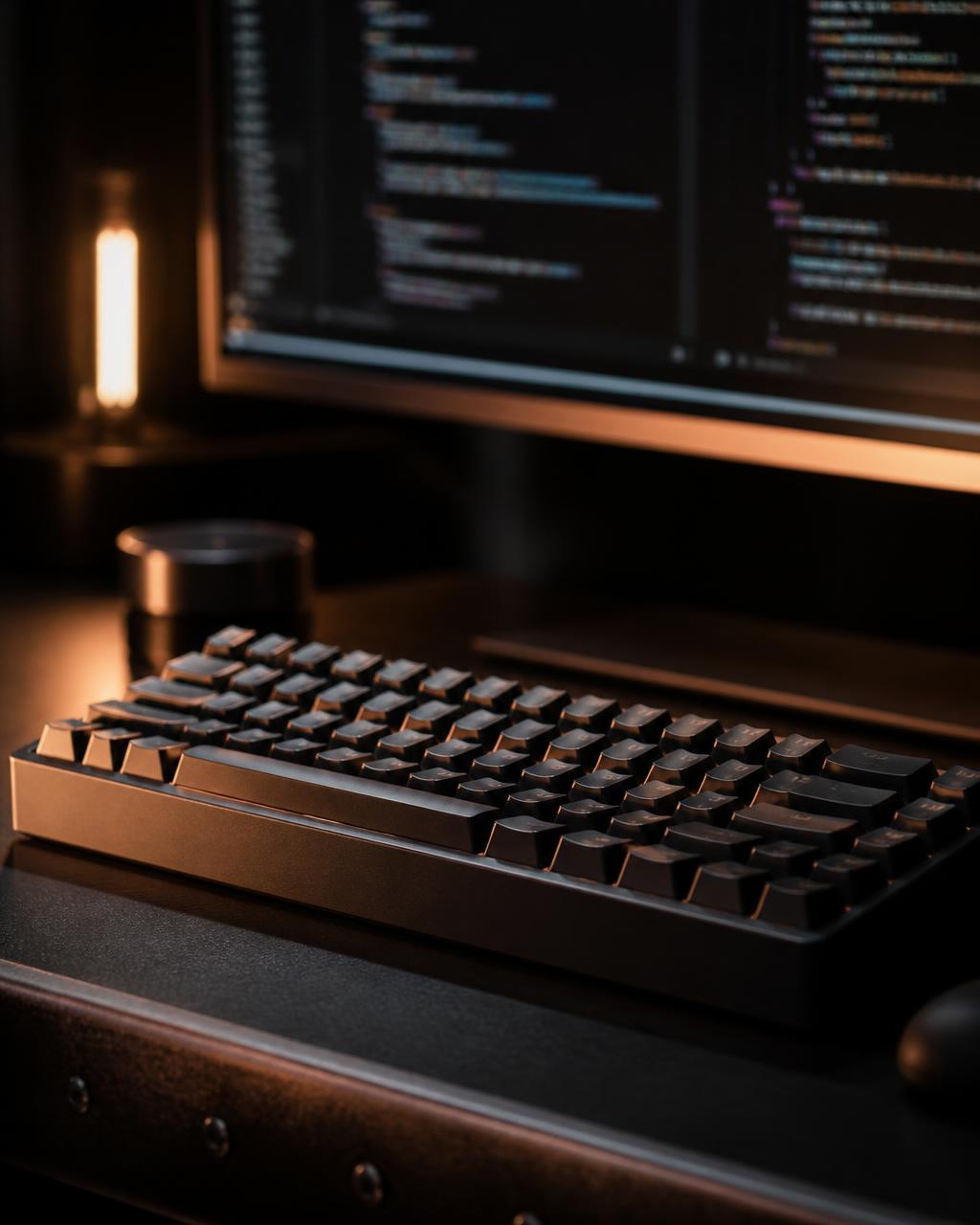 Setup coding dengan mechanical keyboard dan monitor di ruangan remang-remang